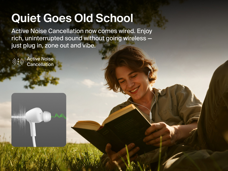 Belkin SoundForm ANC Wired Earbuds with USB-C® provide active noise cancellation for rich, uninterrupted sound while reading or relaxing outdoors.