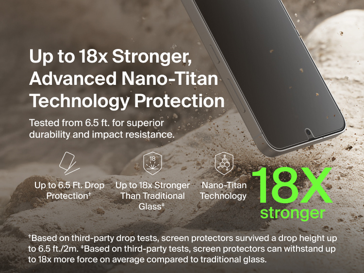 Belkin ScreenForce Titan SmartShield Anti-Reflective Screen Protector for Samsung Galaxy S26 showcasing advanced Nano-Titan technology with up to 18x stronger protection than traditional glass and tested drop resistance up to 6.5 feet.