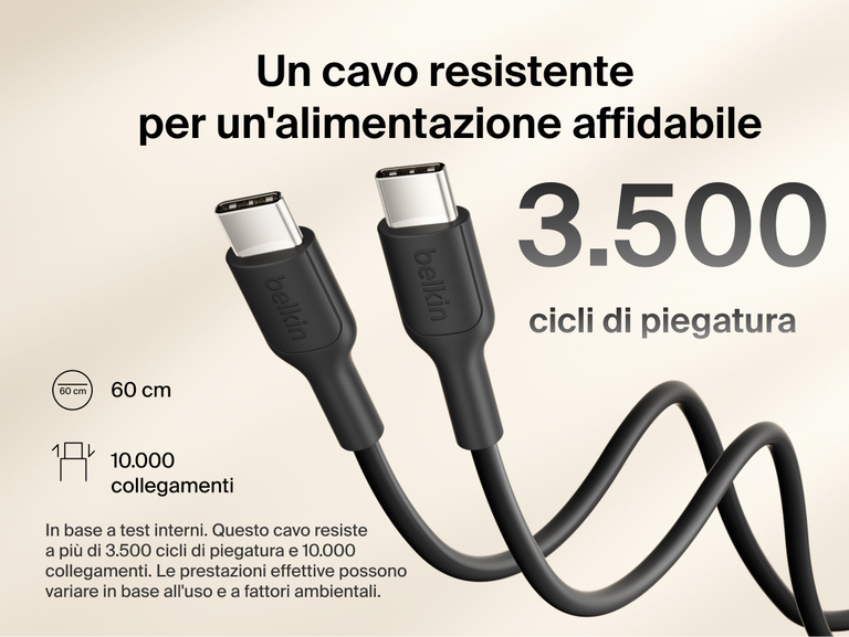 Belkin BoostCharge Slim Magnetic Power Bank 10K USB-C to USB-C cable showing durable design rated for 3500 bends and 10000 plug-ins for reliable charging