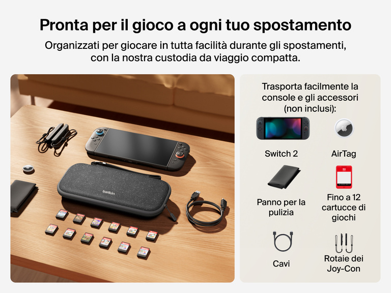 La custodia da viaggio Belkin Gaming per Nintendo Switch 2 è posta su un tavolo con vari accessori compatibili, inclusi le cartucce, i cavi, le rotaie dei JoyCon e un panno di pulizia (tutti venduti separatamente).
