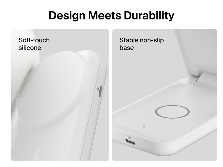 Close-up of Belkin UltraCharge 2-in-1 Foldable Magnetic Charger with Qi2 25W, featuring soft-touch silicone and a stable non-slip base for enhanced durability and secure charging.