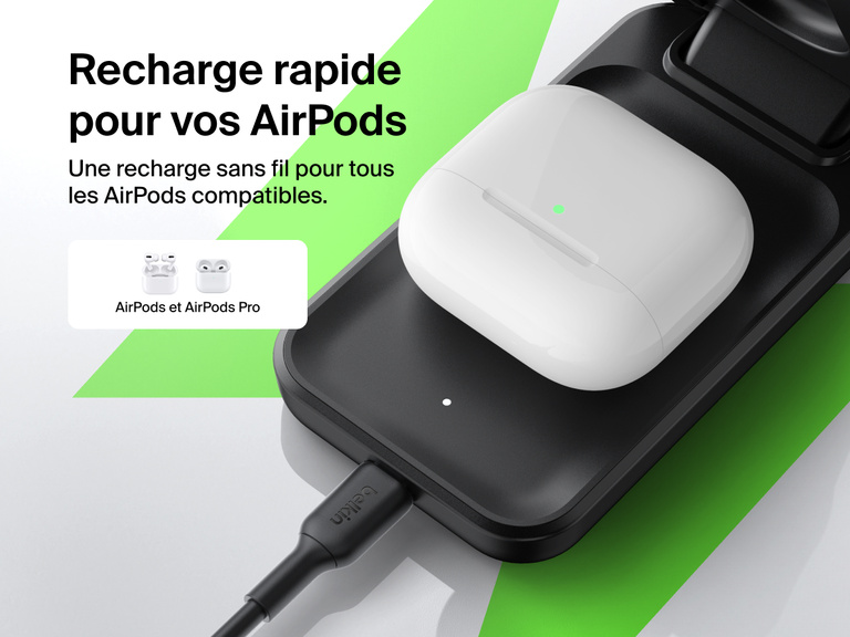 Socle de recharge 3-en-1 aimanté et pliable Belkin UltraCharge avec Qi2 (25 W) offrant une recharge sans fil rapide et fluide pour tous les modèles d’AirPods et d'AirPods Pro compatibles.