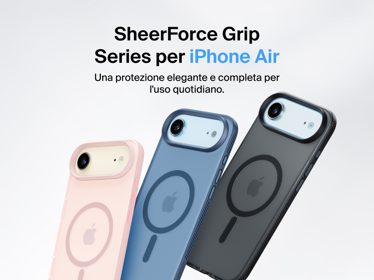 Belkin SheerForce Grip Series protective case for iPhone 17 shown in pink, clear, and black with slim design and MagSafe compatibility.