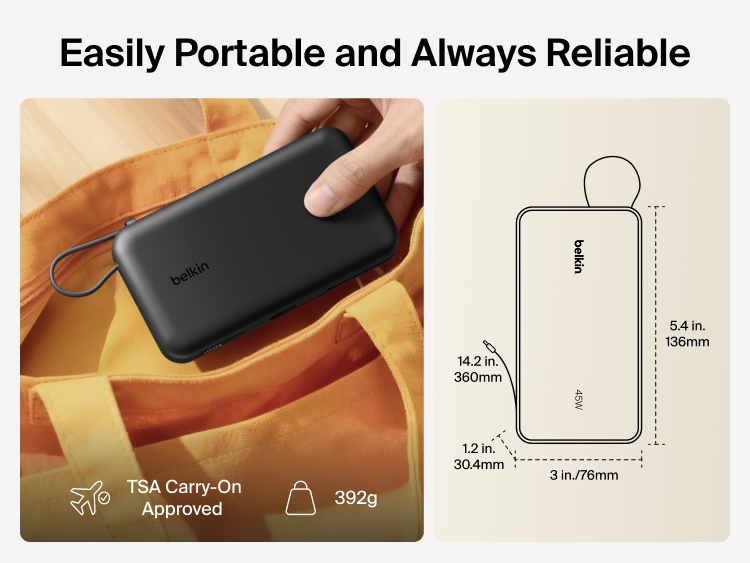 Belkin UltraCharge 20K 45W power bank with integrated cable designed for portable, TSA-approved travel with compact size and reliable on-the-go charging