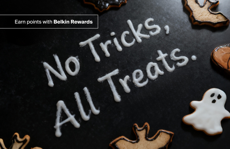 Overhead view of Belkin USB-C docking stations and hubs on a clean desktop surface for the Build Your Own Bundle eCommerce promotion.