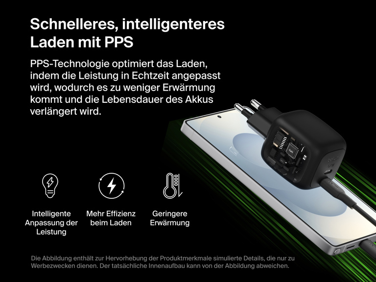 Das Belkin BoostCharge Pro USB-C-GaN-Ladegerät mit zwei Anschlüssen (67 W) wird beim Gebrauch der PPS-Technologie gezeigt, die zum intelligenten Anpassen der Leistung und zur Verbesserung der Effizienz beim Laden dient. Sie verhindert zudem starke Erwärmung beim Schnellladen.