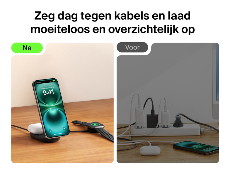 De Belkin UltraCharge 2-in-1 uitklapbare magnetische lader met Qi2 25W biedt een stijlvolle oplossing om een iPhone, AirPods en een Apple Watch draadloos op te laden zonder rommelige snoeren.