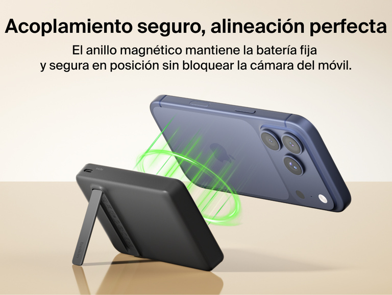 Slim Magnetic Power Bank 10K with Qi2 wirelessly charging smartphone on kickstand with power output indicators