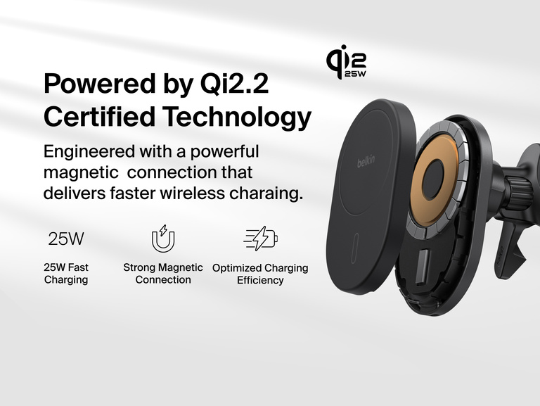 Belkin UltraCharge Magnetic Wireless Charging Car Vent Mount with Qi2.2 25W shown in an exploded view highlighting Qi2.2 certified technology, strong magnetic connection and optimized charging efficiency.