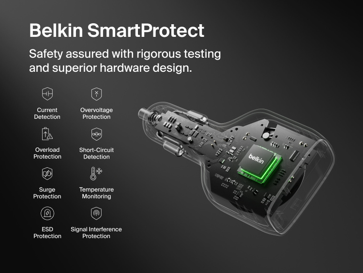 Belkin BoostCharge Retractable Car Charger 30W featuring SmartProtect technology with advanced safeguards against overvoltage, overheating, overload, short circuits, surges, and ESD.