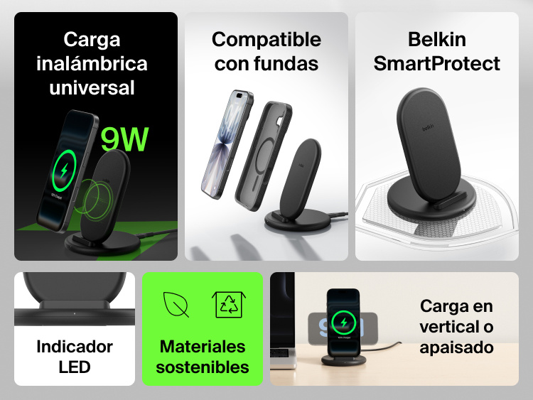 Belkin BoostCharge Wireless Charging Stand 15W shown with key features including universal wireless charging, case compatibility, SmartProtect technology, LED indicator, sustainable materials, and 15W fast charging.