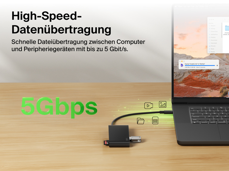 Belkin Connect 7-Port USB-C Hub with Dual USB-C Ports enabling high-speed data transfer up to 5Gbps between laptop and devices.