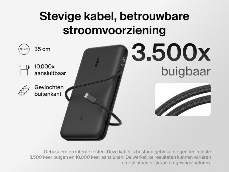 Belkin UltraCharge Pro Laptop Power Bank 25K with durable braided USB-C cable, designed for 3,500 bends and 10,000 plug-ins, delivering reliable high-power charging