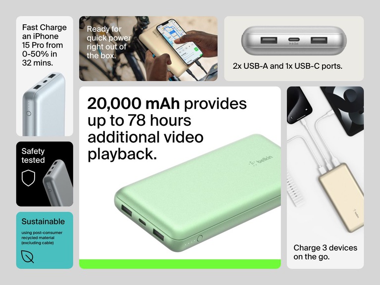 The Belkin BoostCharge Power Bank 20K is shown in multiple use cases and colors, highlighting its 20,000 mAh capacity, ability to charge three devices at once, fast charging for iPhone 15 Pro, and use of recycled materials.