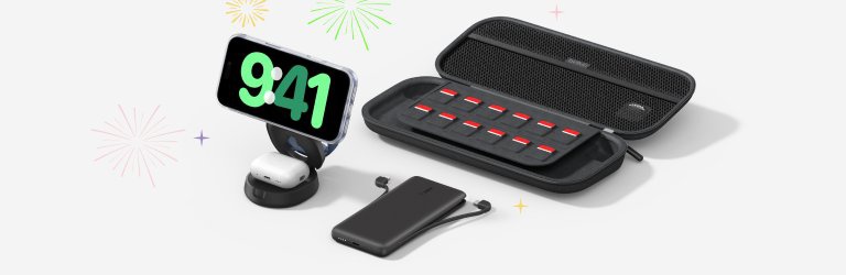 Belkin wireless charging stand displaying a smartphone in StandBy mode alongside a portable power bank and organized travel charging case, styled with festive New Year graphics.