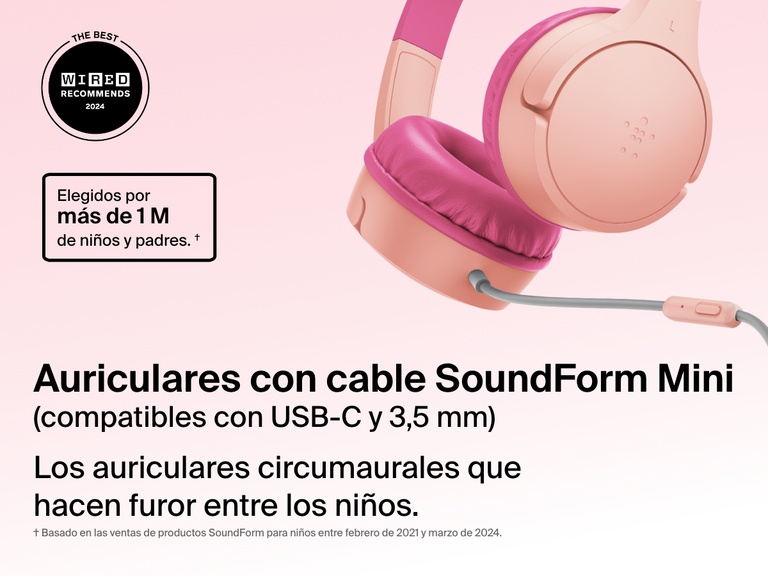 Close-up image of the Belkin SoundForm Mini Wired On-Ear Headphones for Kids, featuring a detachable boom mic and compatibility with USB-C and 3.5mm, promoted as the top choice for over one million kids and parents.
