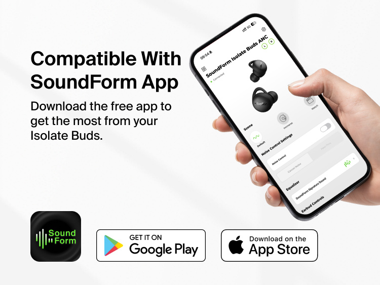 SoundForm Isolate Buds ANC connected to the SoundForm app on a smartphone, with Google Play and App Store download buttons shown