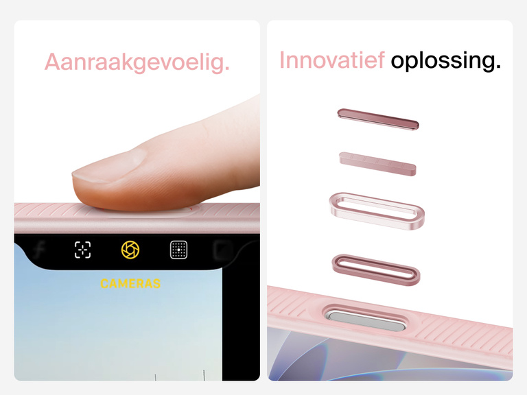 Belkin SheerForce Grip Series Case for iPhone 17 with MagSafe ring, raised edges, and floating tinted buttons for precision protection.