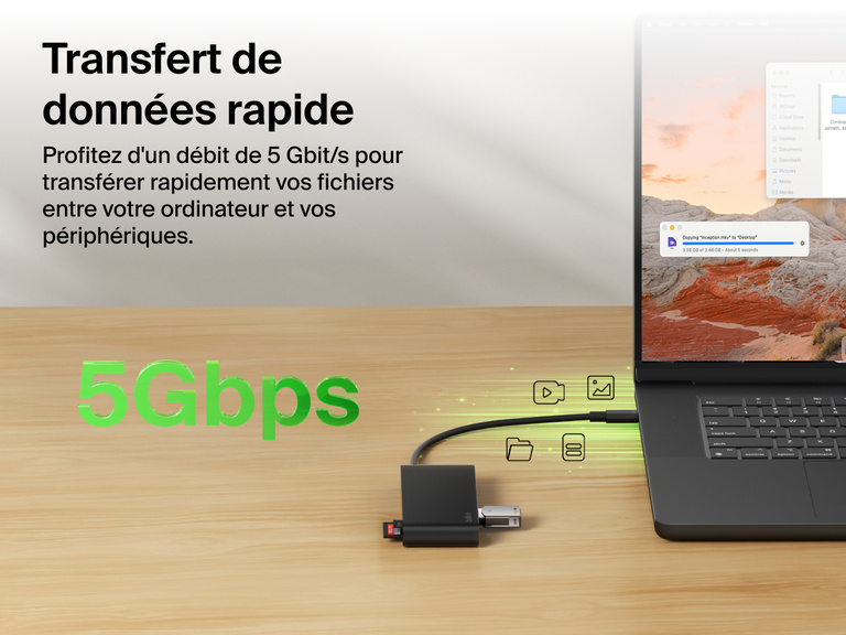 Belkin Connect 7-Port USB-C Hub with Dual USB-C Ports enabling high-speed data transfer up to 5Gbps between laptop and devices.