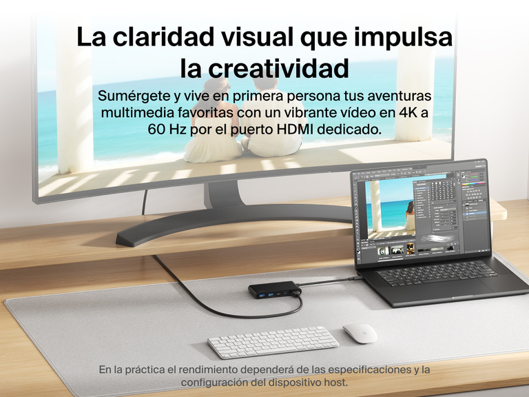 Belkin Connect 5-Port USB-C Hub with Dual USB-C Ports connects a laptop to a monitor, delivering stunning 4K@60Hz visuals via the dedicated HDMI port.