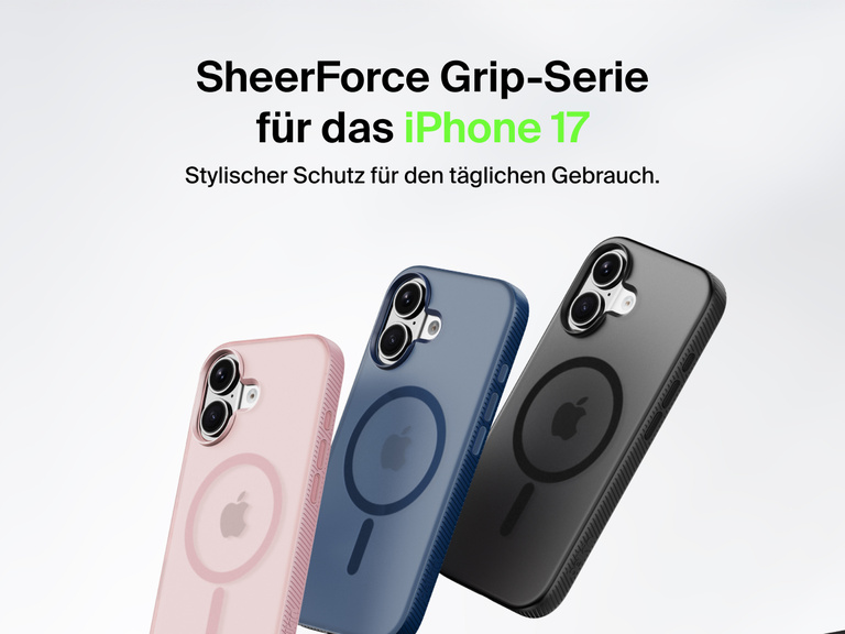 Belkin SheerForce Grip Series protective case for iPhone 17 shown in pink, clear, and black with slim design and MagSafe compatibility.