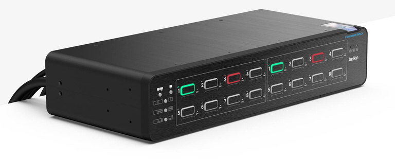 A sleek, black Belkin 8:2 DisplayPort MultiClave Secure KVM with CAC, featuring illuminated port indicators and labeled buttons for secure switching between two computers.