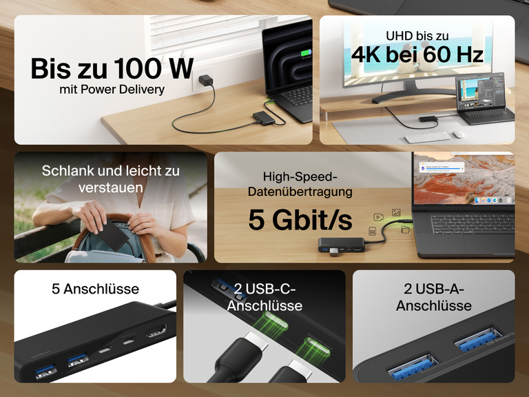 Belkin Connect 5-Port USB-C Hub with Dual USB-C Ports featuring 4K@60Hz display, 100W power delivery, 5Gbps data transfer, 2 USB-C and 2 USB-A ports, in a slim and portable design.