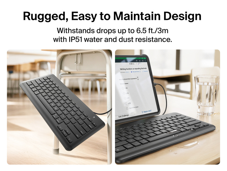 USB-C Keyboard for iPad shown in two scenarios: dropped against a school chair leg, and in use on a desk with water spilled nearby, illustrating drop protection up to 6.5 ft and IP51 water and dust resistance