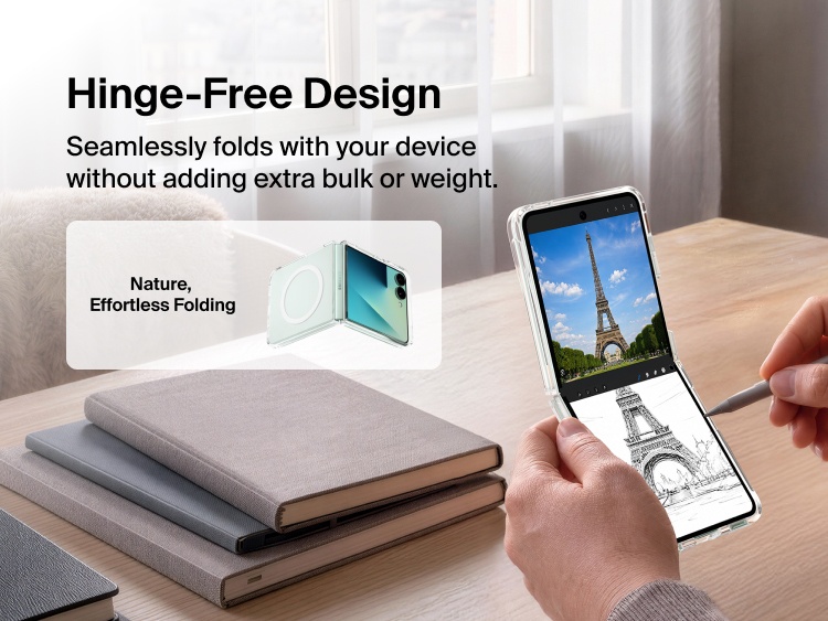 Belkin Clear Series Case for Samsung Galaxy Z Flip8 features a lightweight hinge-free design that folds naturally with the device without added bulk.