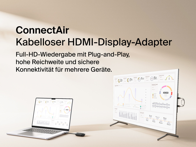 Belkin ConnectAir kabelloser HDMI-Display-Adapter wird beim &Uuml;bertragen eines Laptop-Bildschirms auf einen gr&ouml;&szlig;eren Monitor gezeigt, wodurch die nahtlose Full&nbsp;HD-Aufl&ouml;sung, die hohe Reichweite und das Plug-and-Play-Streaming veranschaulicht werden.