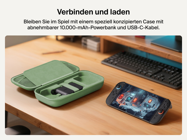 Belkin Gaming Charging Case for Nintendo Switch 2 displayed open with detachable 10,000 mAh power bank and USB-C cable, next to a Switch 2 console in use on a desk.