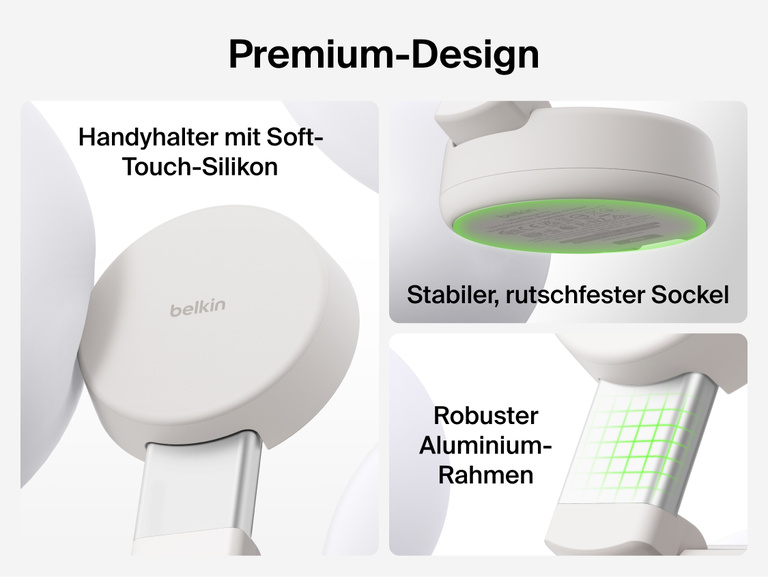 Die Belkin UltraCharge Pro verstellbare, magnetische 2-in-1-Ladestation mit Qi2&nbsp;25W hat einen Handyhalter mit Soft-Touch-Oberfl&auml;che aus Silikon, einen stabilen Aluminiumrahmen und einen rutschfesten Sockel zum bequemen Laden.