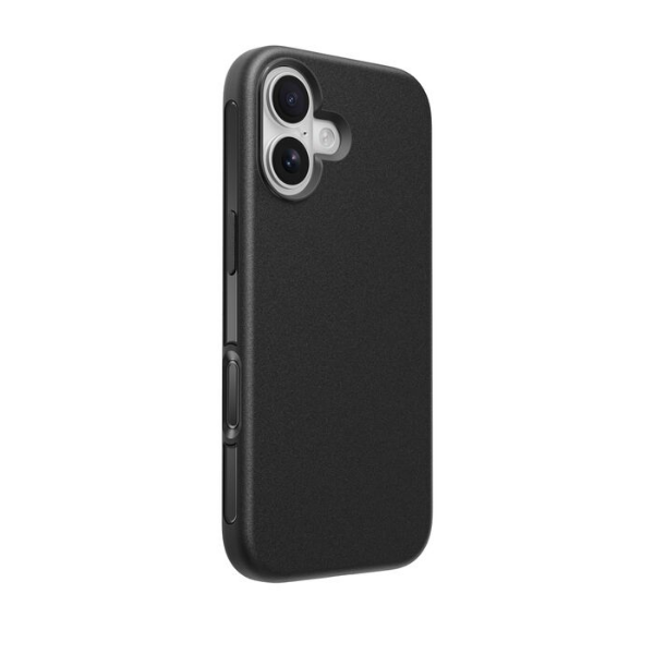 Black protective phone case with precise cutouts for dual rear cameras and side buttons, shown at an angled view.