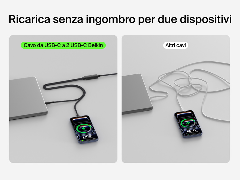Il cavo intrecciato da USB-C a 2 USB-C BoostCharge Pro Belkin consente la ricarica senza ingombro di due dispositivi tramite un unico cavo, rispetto alle comuni installazioni con molteplici cavi.