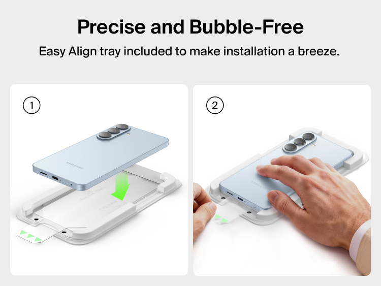 Belkin ScreenForce Titan SmartShield Anti-Reflective Screen Protector for Samsung Galaxy S26 showing Easy Align tray installation for precise, bubble-free application.