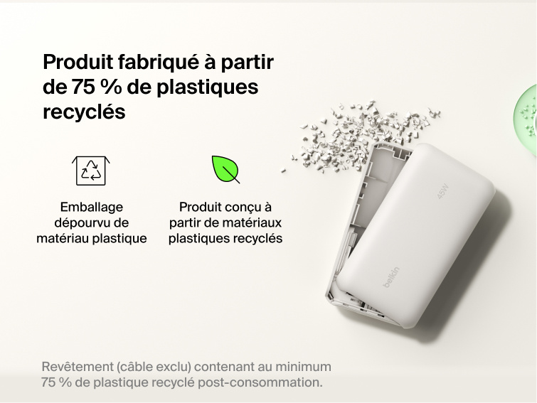 Belkin UltraCharge 10K power bank with integrated USB-C cable and digital display made with 75% recycled plastic and eco-friendly packaging