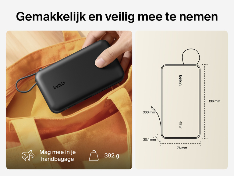 Belkin UltraCharge 20K 45W power bank with integrated cable designed for portable, TSA-approved travel with compact size and reliable on-the-go charging
