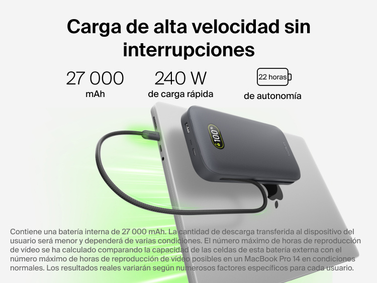 UltraCharge Pro Laptop Power Bank 27K delivering high-speed 240W charging via integrated USB-C cable while powering a laptop with digital battery display