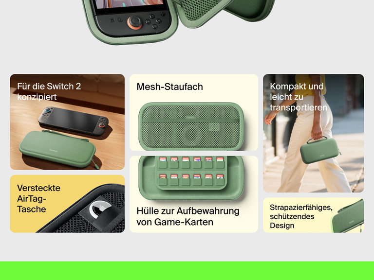 Infographic highlighting the Belkin Gaming Travel Case for Nintendo Switch 2 with features like a mesh utility pocket, game card sleeve, hidden AirTag pocket, and compact, durable design.