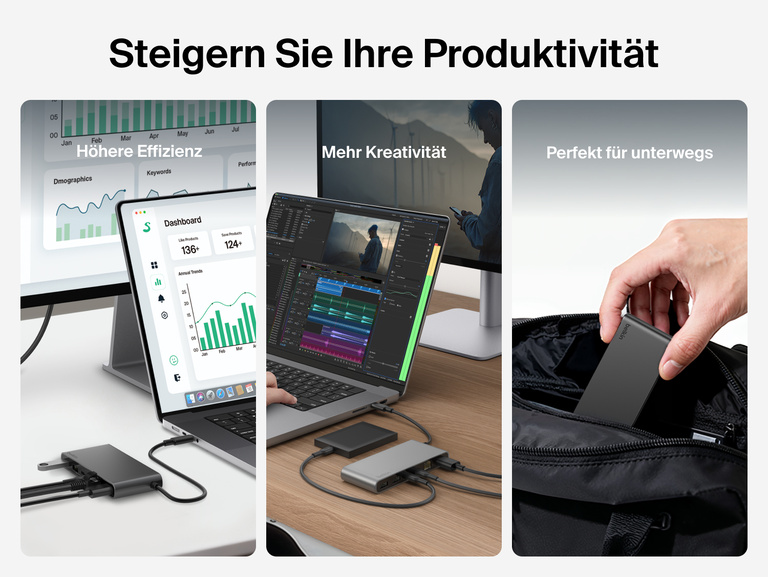 Es wird gezeigt, wie der Belkin Connect 8 Port USB C Hub mit 2,5 Gb Ethernet Anschluss die Produktivität steigert und die Kreativität fördert. Dank seiner kompakten Form passt er bequem in eine Tasche und kann unterwegs verwendet werden.