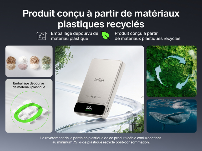 Image de la batterie externe Belkin&nbsp;UltraCharge&nbsp;Pro 10K avec BoostSolid&nbsp;Cell et de son rev&ecirc;tement en plastique recycl&eacute; avec emballage d&eacute;pourvu de plastique.