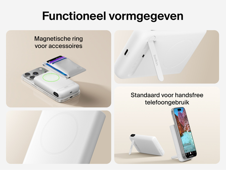 Belkin UltraCharge Pro Power Bank 10K with magnetic ring shown attached to a smartphone for portable wireless charging, featuring an integrated kickstand phone grip and slim, lightweight design for on-the-go use.