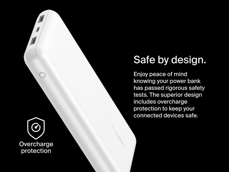 A white Belkin BoostCharge Power Bank 20K is shown with LED indicators and dual USB ports on a black background, emphasizing its overcharge protection and safety-tested design.