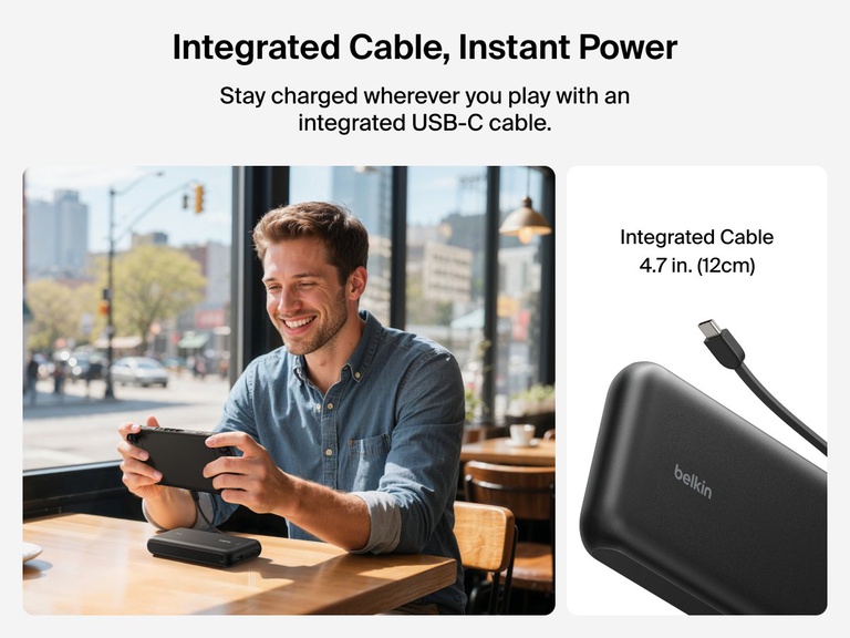 Belkin Gaming Power Bank 20K (30W) for Nintendo Switch 2 includes a built-in 4.7-inch USB-C cable for instant, on-the-go charging wherever you play.