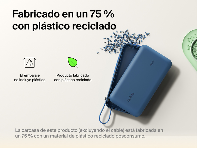 Belkin UltraCharge 20K 45W power bank with integrated cable made with recycled materials and plastic-free packaging for a more sustainable charging solution