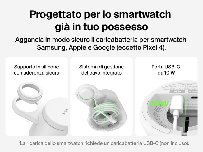 Immagine del dock di ricarica modulare con Qi2 25W Belkin UltraCharge in cui si nota l'alloggiamento in silicone per lo smartwatch, il sistema di gestione dei cavi incorporato e la porta USB-C per una pratica ricarica usando i caricabatterie per smartwatch di marchio Apple, Google e Samsung.
