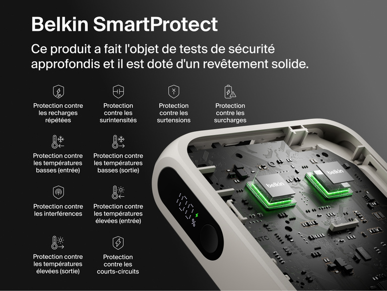 Belkin UltraCharge 20K 45W power bank with integrated cable featuring SmartProtect safety system with multi-layer protection for secure and reliable charging