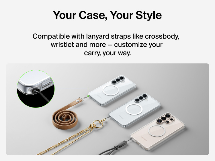 Belkin SheerForce Clear Series Case for Samsung Galaxy S26 shown with lanyard attachment point, compatible with crossbody and wristlet straps for customizable, hands-free phone carry.