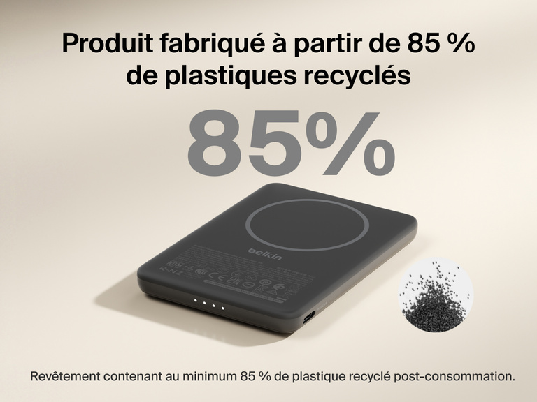 Belkin BoostCharge Slim Magnetic Power Bank 5K shown with text highlighting that its housing is made from 85% post-consumer recycled plastic for sustainable design.