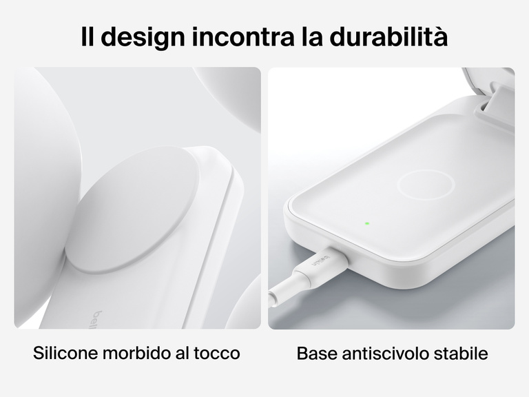 Il caricabatteria magnetico pieghevole 3 in 1 con Qi2 da 25 W Belkin UltraCharge è dotato di un rivestimento in silicone morbido e di una base piena stabile, per fornire una ricarica wireless sicura e affidabile.
